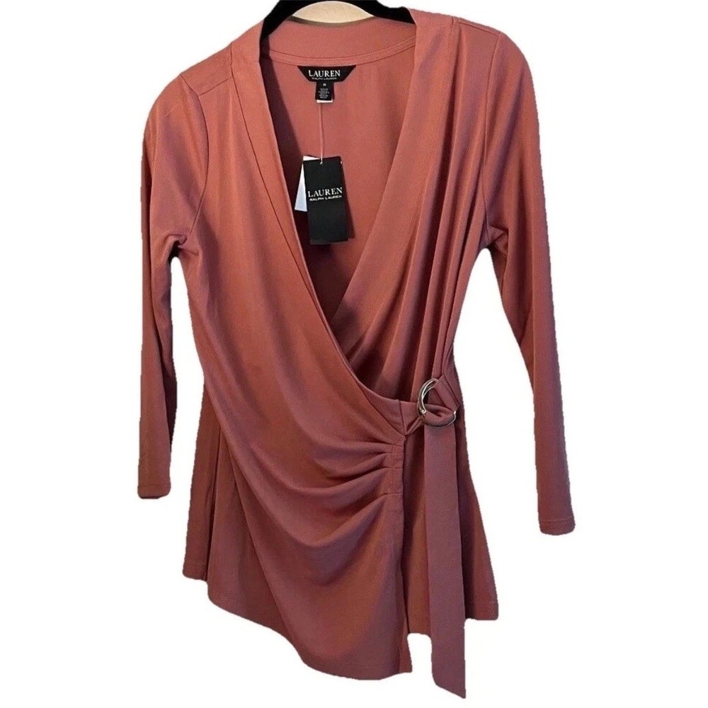 New Lauren Ralph Lauren Wrap Top PL Mauve Pink 3/4 Sleeve Gold HW Stretch Petite